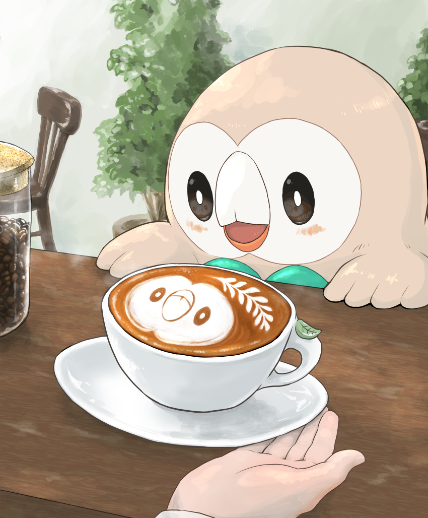 1other absurdres bird blush bright_pupils chair coffee coffee_beans commentary_request cup highres hiyoko_kurabu jar leaf looking_down open_mouth owl plant pokemon pokemon_(creature) potted_plant rowlet saucer steam table teacup white_pupils