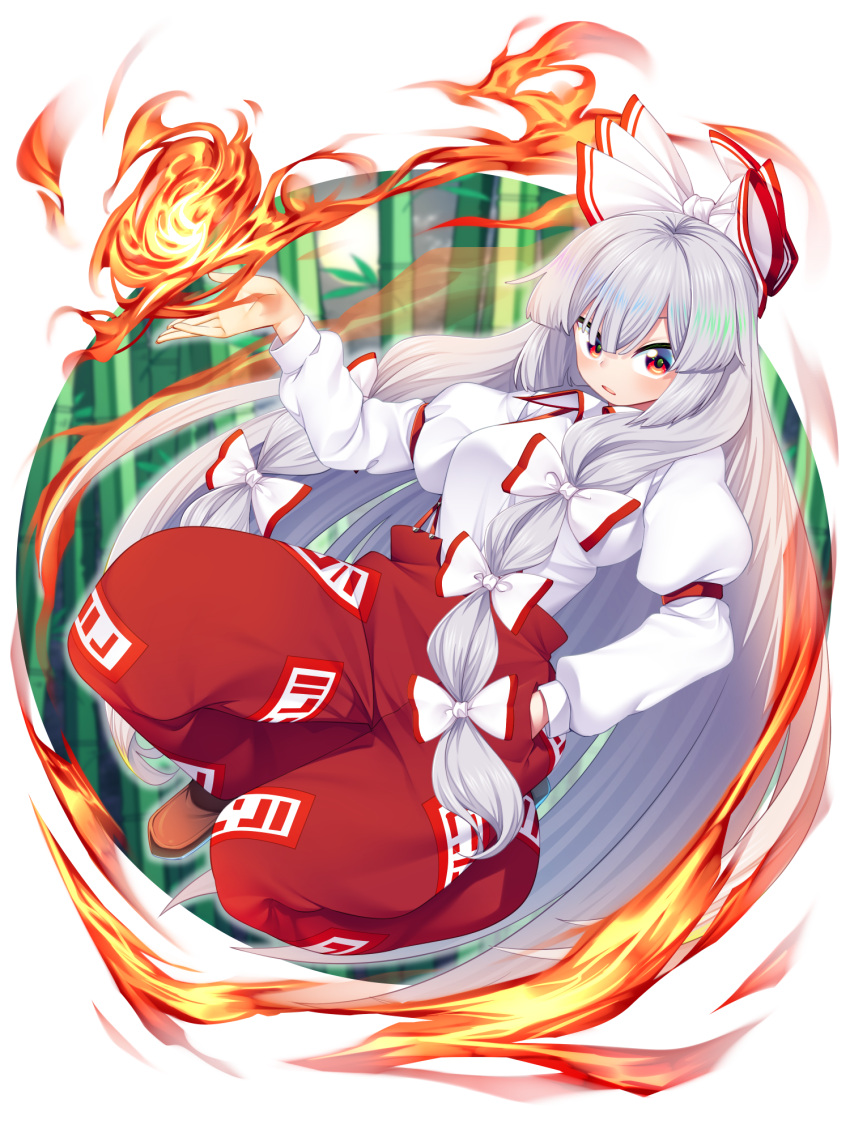 1girl arm_strap baggy_pants bamboo bamboo_forest bow brown_footwear collared_shirt commentary fire forest fujiwara_no_mokou full_body hair_bow hand_in_pocket hand_up highres juliet_sleeves long_hair long_sleeves looking_at_viewer motsu_momomo nature ofuda ofuda_on_clothes open_mouth pants puffy_sleeves red_eyes red_pants shirt shoes solo touhou very_long_hair white_bow white_hair white_shirt