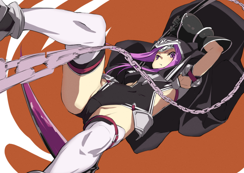 1girl armpits ass black_gloves chain cloak covered_navel fate/grand_order fate_(series) fu-ta gloves highres holding holding_weapon hood hooded_cloak leotard long_hair medusa_(lancer)_(fate) orange_background purple_hair scythe simple_background solo thigh-highs thigh_strap violet_eyes weapon white_legwear