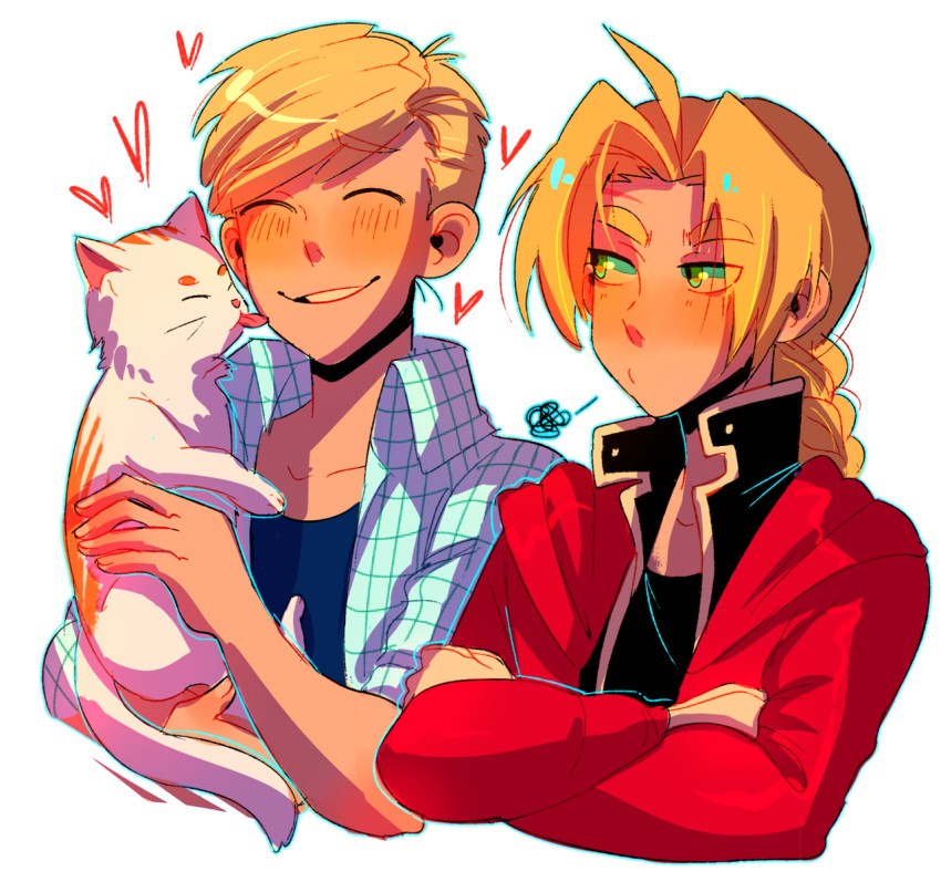 2boys :d :t ^_^ ahoge alphonse_elric animal aqua_outline bangs black_shirt blonde_hair blue_shirt blush braid brothers cat cheek_licking closed_eyes collarbone collared_shirt crossed_arms edward_elric eyebrows_visible_through_hair eyes_visible_through_hair face_licking fingernails fullmetal_alchemist furrowed_eyebrows half-closed_eyes heart height_difference highres holding holding_animal holding_cat huyandere jacket licking looking_at_another looking_to_the_side male_focus multiple_boys open_mouth outline parted_bangs plaid plaid_shirt pout red_jacket shaded_face shirt short_sleeves siblings side-by-side simple_background smile squiggle tongue tongue_out upper_body white_background white_cat yellow_eyes