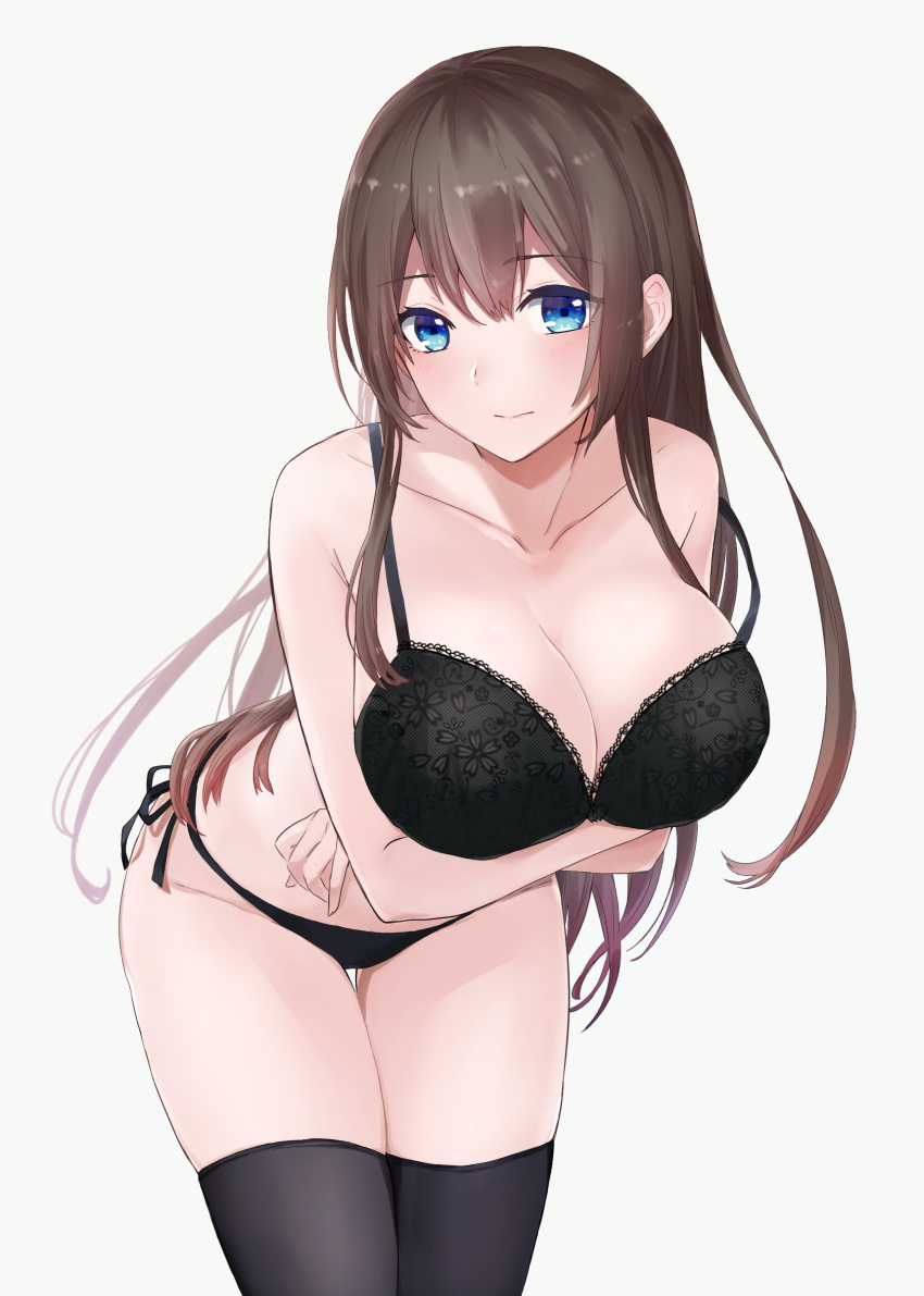 1girl absurdres arms_under_breasts bangs black_bra black_legwear black_panties blue_eyes blush bra breasts brown_hair collarbone cowboy_shot crossed_arms groin highres lace lace-trimmed_bra large_breasts leaning_forward long_hair looking_at_viewer meteor_tail28 original panties side-tie_panties sidelocks simple_background solo standing thigh-highs thigh_gap underwear underwear_only very_long_hair