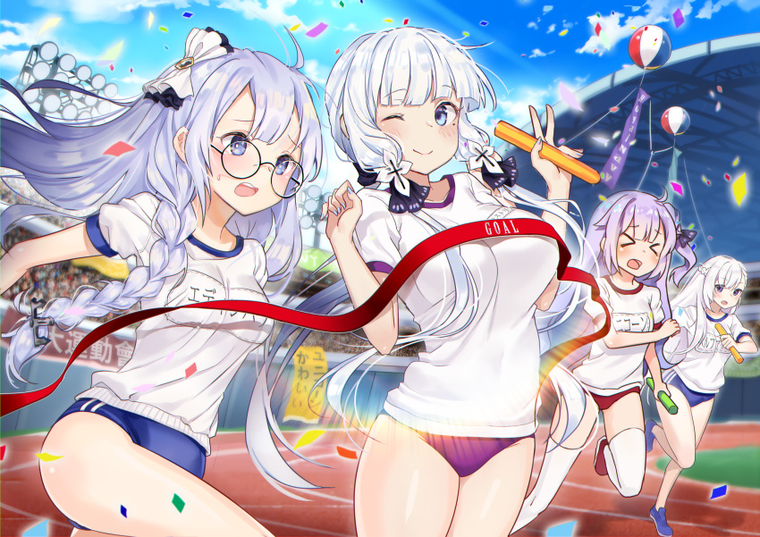 &gt;_&lt; 4girls ahoge alternate_costume azur_lane balloon belfast_(azur_lane) blue_buruma blue_eyes blue_sky braid breasts buruma closed_mouth clouds commentary_request confetti day edinburgh_(azur_lane) finish_line glasses goyain gym_uniform hair_ornament highres illustrious_(azur_lane) large_breasts long_hair medium_breasts multiple_girls name_tag one_eye_closed open_mouth outdoors purple_buruma purple_hair red_buruma round_eyewear shirt short_sleeves silver_hair sky smile sunlight track_and_field unicorn_(azur_lane) very_long_hair white_hair white_shirt