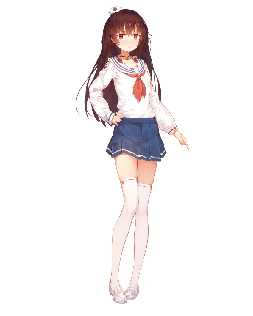 1girl blue_skirt brown_hair choker collarbone eyebrows_visible_through_hair full_body hand_on_hip highres long_hair long_sleeves looking_at_viewer neckerchief original parted_lips red_eyes red_neckwear school_uniform simple_background skirt solo triangle_mouth white_background white_footwear yong_mei-uta