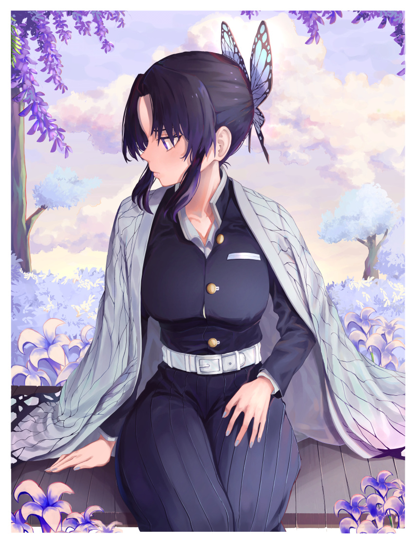 1girl absurdres animal_print bangs belt black_hair blue_nails breasts butterfly_hair_ornament butterfly_print clouds cloudy_sky coat day flower forehead gradient_hair hair_ornament haori highres huge_filesize japanese_clothes kimetsu_no_yaiba kochou_shinobu large_breasts lips long_sleeves looking_to_the_side multicolored_hair nail_polish outdoors pants parted_bangs plant purple_hair seul11012 short_hair sitting sky solo tree two-tone_hair uniform wide_sleeves wisteria