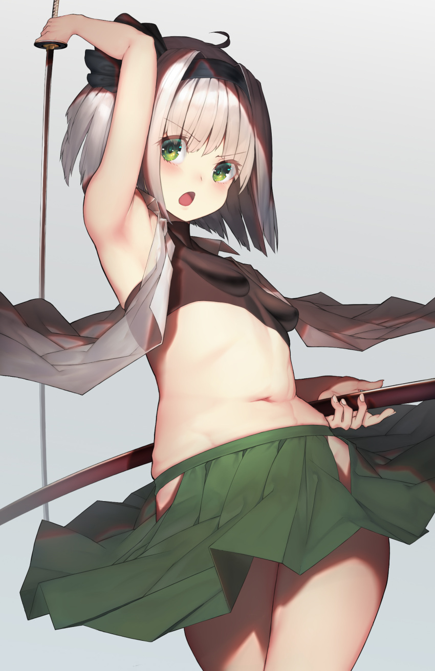 1girl ahoge arm_up armpits bangs banicha bare_arms bare_shoulders black_hairband black_ribbon black_shirt blush breasts commentary_request cowboy_shot crop_top eyebrows_visible_through_hair gradient gradient_background green_eyes green_skirt grey_background hair_ribbon hairband hakama_skirt highres hip_vent holding holding_sword holding_weapon katana konpaku_youmu looking_at_viewer midriff miniskirt navel open_clothes open_mouth open_shirt ribbon scabbard sheath shirt short_hair silver_hair skirt sleeveless sleeveless_shirt small_breasts solo standing stomach sword thighs touhou v-shaped_eyebrows weapon white_shirt