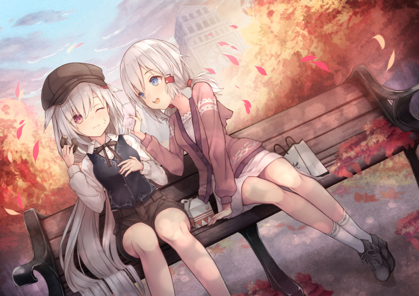 2girls :d autumn_leaves azur_lane bag bangs bench black_bow black_footwear black_vest blue_eyes blue_sky blush boots bow brown_headwear brown_jacket brown_shorts cabbie_hat clock clock_tower closed_mouth clouds cloudy_sky collared_shirt commentary_request cross-laced_footwear day denver_(azur_lane) doughnut dress dress_shirt eyebrows_visible_through_hair food food_on_face hair_between_eyes hair_ornament hairclip hat highres holding holding_food hood hood_down hooded_jacket jacket lace-up_boots long_hair long_sleeves low_twintails montpelier_(azur_lane) multiple_girls nishina_kakeri on_bench one_eye_closed open_mouth outdoors paper_bag park_bench pastry_box petals round_teeth shirt short_shorts shorts silver_hair sitting_on_bench skirt sky smile socks teeth tower twintails upper_teeth very_long_hair vest white_dress white_legwear white_shirt white_skirt