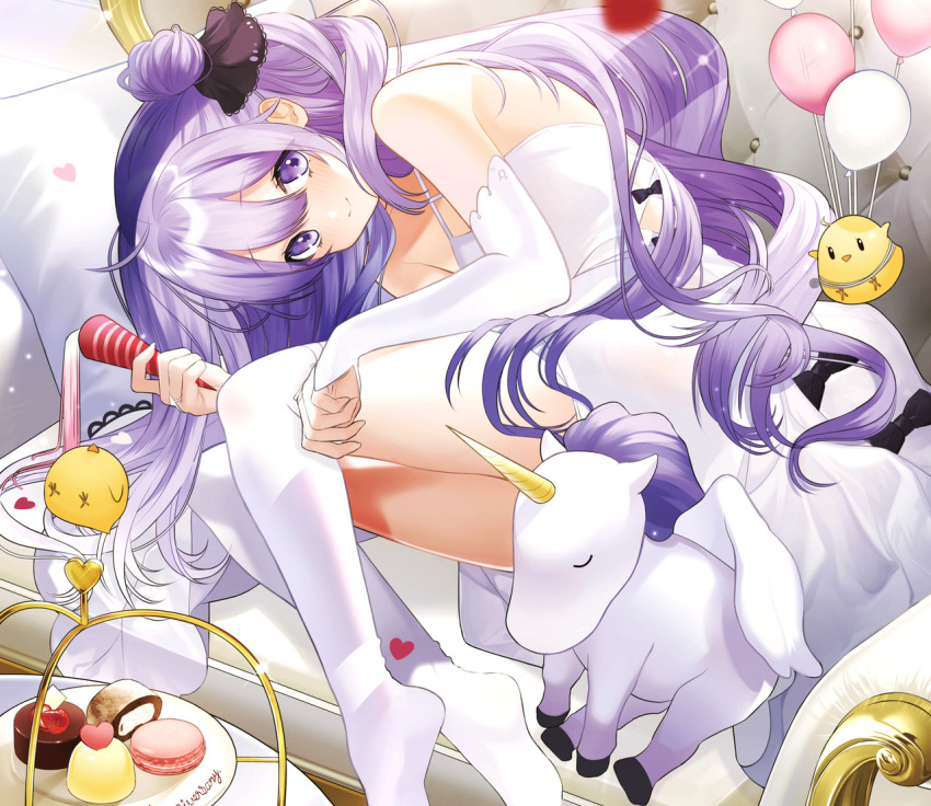 1girl ahoge azur_lane balloon bangs bird black_bow bow bridal_gauntlets chick couch dress dress_bow elbow_gloves food full_body gloves hair_bun long_hair looking_at_viewer lying macaron manjuu_(azur_lane) on_couch on_side one_side_up party_popper pastry pomu_(pomu_me) purple_hair side_cutout smile solo thigh-highs unicorn unicorn_(azur_lane) violet_eyes white_dress white_gloves white_legwear