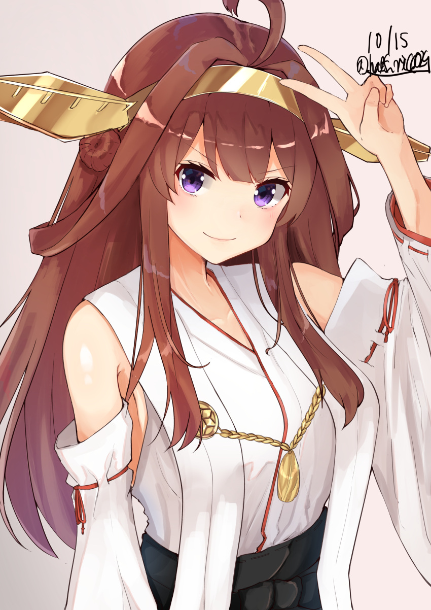 1girl absurdres ahoge armpit_peek bangs blush breasts brown_hair closed_mouth collarbone dated detached_sleeves eyebrows_visible_through_hair hair_between_eyes hair_bun hair_ornament hair_over_shoulder hairband hakama hakama_skirt hand_up headgear highres japanese_clothes kantai_collection kongou_(kantai_collection) long_hair looking_at_viewer nontraditional_miko pleated_skirt red_ribbon remodel_(kantai_collection) ribbon ribbon-trimmed_sleeves ribbon_trim shiina_aoi shirt_tucked_in signature simple_background skirt smile solo twitter_username v v-shaped_eyebrows violet_eyes wide_sleeves