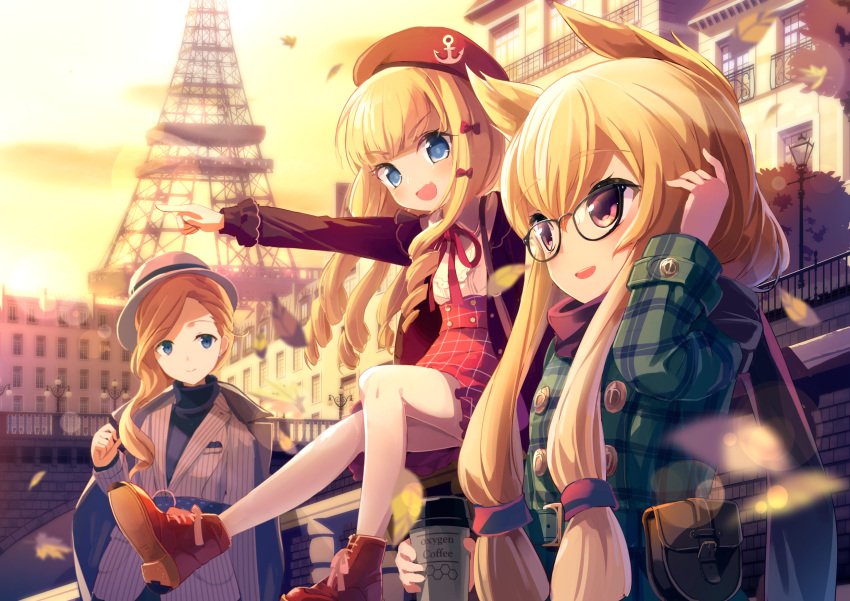3girls :d azur_lane belt beret bespectacled black-framed_eyewear blazer blonde_hair blue_eyes blurry blush boots bow bridge brown_footwear building closed_mouth clouds commentary_request cup depth_of_field drill_hair eiffel_tower english_text eyebrows_visible_through_hair fang glasses green_shirt hair_between_eyes hair_bow hat high-waist_skirt highres hood_(azur_lane) jacket lamppost leaf lens_flare long_hair long_sleeves looking_at_another looking_at_viewer maple_leaf multiple_girls open_mouth outdoors outstretched_arm pantyhose paris plaid plaid_shirt pointing queen_elizabeth_(azur_lane) railing red_bow red_skirt shirt sidelocks sitting skin_fang skirt sky smile sunset taharu_kousuke turtleneck v-shaped_eyebrows violet_eyes warspite_(azur_lane) white_legwear white_shirt