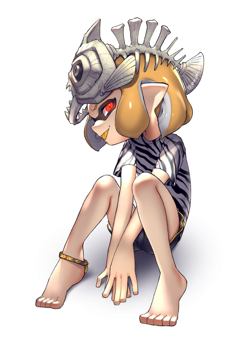 1girl :p animal_print anklet bangs barefoot black_shirt blunt_bangs bone commentary domino_mask fish_hat grey_headwear gym_shorts half-closed_eyes highres implied_pantyshot inkling jewelry looking_at_viewer mask orange_hair orange_tongue pointy_ears print_shirt puchiman red_eyes shirt short_hair short_shorts short_sleeves shorts sitting solo splatoon_(series) splatoon_2 t-shirt tongue tongue_out twitter_username white_background zebra_print