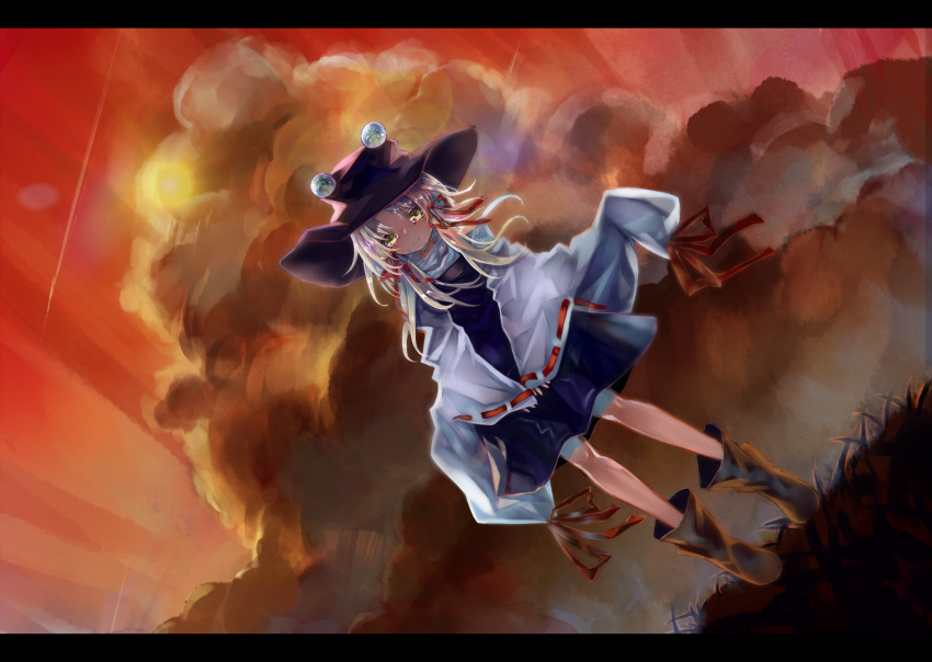 1girl bangs blonde_hair boots brown_footwear brown_headwear clouds commentary_request condensation_trail dutch_angle hair_blowing hair_over_eyes hair_ribbon hat high_collar highres letterboxed light_rays light_smile long_sleeves looking_at_viewer medium_hair moriya_suwako outdoors parted_bangs purple_skirt purple_vest red_sky ribbon ribbon-trimmed_sleeves ribbon_trim shirt sidelocks skirt skirt_hold sky solo standing sunbeam sunlight sunset touhou vest white_shirt wide_sleeves wind yellow_eyes zhu_xiang