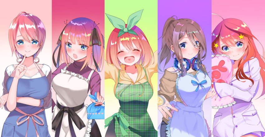 5girls :d ahoge apron bangs bare_shoulders black_ribbon blue_apron blue_eyes blue_ribbon blunt_bangs blush bow breasts brown_hair butterfly_hair_ornament closed_eyes commentary_request crossed_arms eyebrows_visible_through_hair finger_to_chin go-toubun_no_hanayome green_apron green_bow green_hairband hair_between_eyes hair_ornament hair_ribbon hairband halterneck headphones headphones_around_neck high_ponytail highres index_finger_raised large_breasts long_hair looking_at_viewer medium_hair multicolored multicolored_background multiple_girls nakano_ichika nakano_itsuki nakano_miku nakano_nino nakano_yotsuba obentou off_shoulder open_mouth orange_hair outstretched_hand pillow pink_hair piyopoyo ponytail purple_sweater redhead ribbon shirt short_hair sidelocks sleepwear smile star star_hair_ornament sweater turtleneck turtleneck_sweater white_apron white_shirt yellow_hoodie yellow_sweater