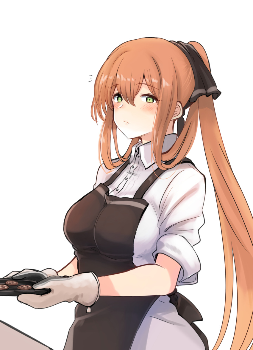 10eki_(tenchou) 1girl alternate_costume apron bangs blush breasts brown_hair collared_shirt cookie eyebrows_visible_through_hair food girls_frontline green_eyes hair_ribbon hair_rings highres holding holding_tray large_breasts long_hair looking_at_viewer m1903_springfield_(girls_frontline) oven_mitts ponytail ribbon shirt sidelocks simple_background sleeves_folded_up solo tray white_background white_shirt