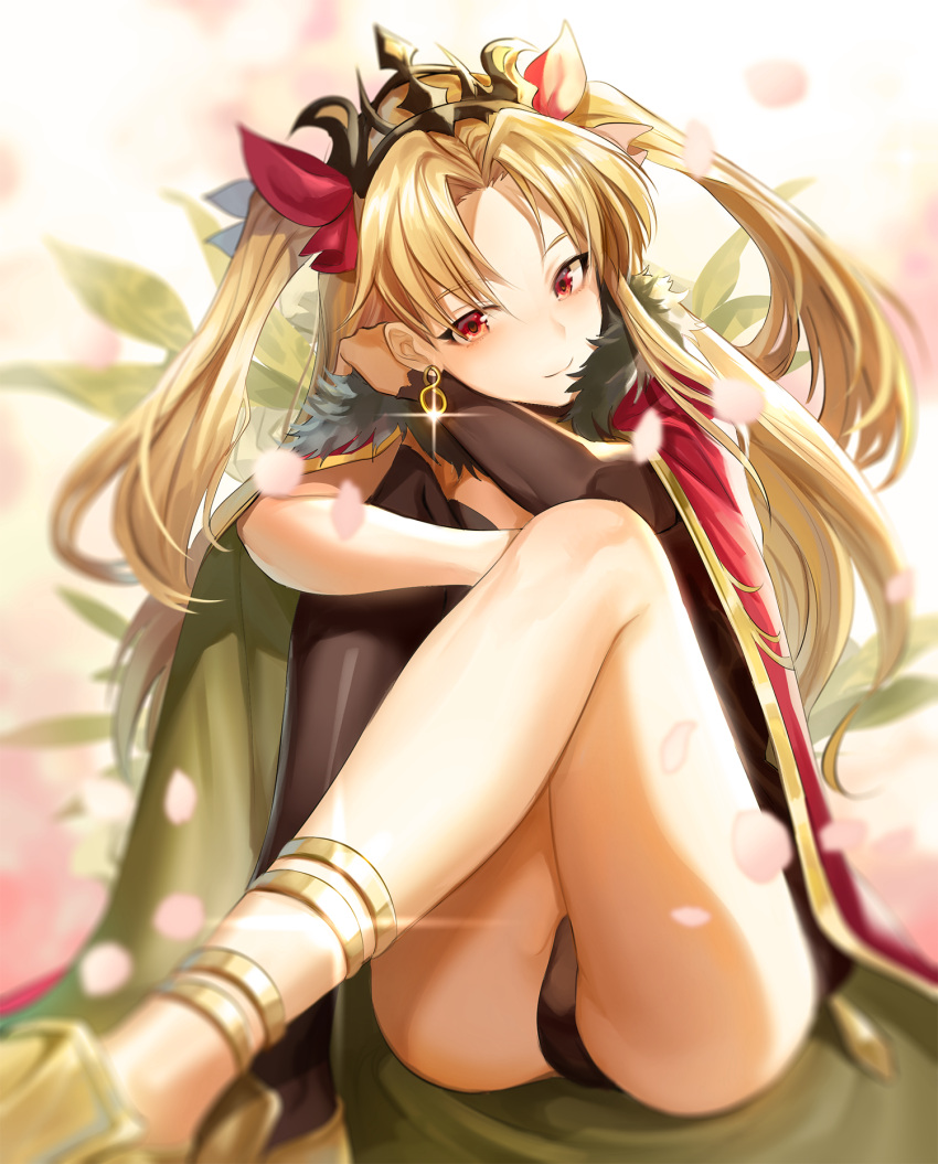 1girl asymmetrical_legwear asymmetrical_sleeves bangs black_legwear black_panties black_sleeves blonde_hair blurry blurry_background blurry_foreground boba bow cape closed_mouth diadem earrings ereshkigal_(fate/grand_order) fate/grand_order fate_(series) hair_bow hair_intakes highres jewelry leg_hug long_hair long_sleeves looking_at_viewer panties red_bow red_cape red_eyes single_sleeve single_thighhigh sitting smile solo sparkle thigh-highs twintails underwear very_long_hair white_background