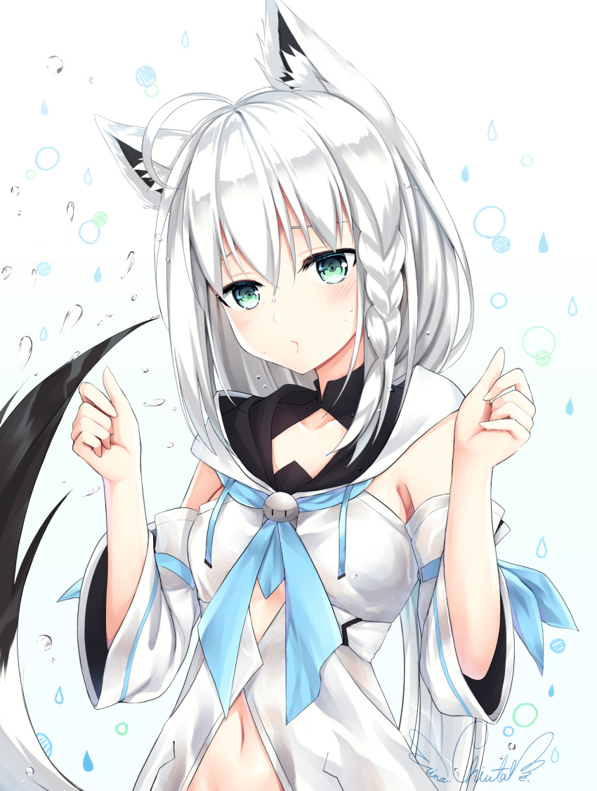 1girl animal_ears chiutake_mina collarbone commentary_request detached_sleeves fox_ears fox_tail green_eyes highres hololive long_hair looking_at_viewer school_uniform serafuku shirakami_fubuki simple_background solo tail virtual_youtuber water_drop white_background white_hair