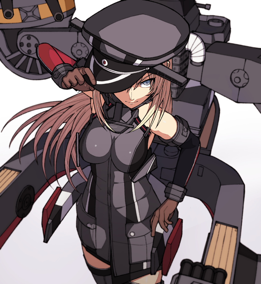 1girl absurdres bare_shoulders bismarck_(kantai_collection) blonde_hair blue_eyes blush breastplate breasts brown_gloves detached_sleeves eyebrows_visible_through_hair gloves hair_between_eyes hair_ornament hat highres kantai_collection karasuma_kuraha large_breasts long_hair looking_at_viewer machinery military military_hat military_uniform peaked_cap simple_background smile solo thigh-highs turret uniform white_background