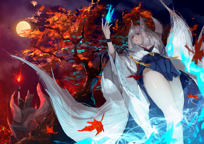 2girls absurdres akagi_(azur_lane) animal_ears arm_up autumn_leaves azur_lane bangs blue_eyes blue_kimono blunt_bangs breasts brown_hair fire fox_ears fox_tail gloves highres huge_filesize japanese_clothes kaga_(azur_lane) kimono large_breasts leaf long_hair looking_at_viewer maple_leaf mask multiple_girls multiple_tails outdoors partly_fingerless_gloves short_hair skirt tail thighs tougenkyou white_hair white_kimono wide_sleeves wind