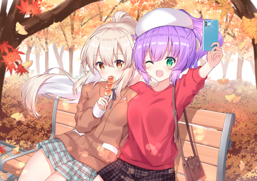 2girls autumn_leaves ayanami_(azur_lane) azur_lane bag bangs bench beret black_ribbon black_skirt blue_skirt blurry blurry_background blush breasts brown_jacket cellphone collared_shirt commentary_request covered_mouth depth_of_field eyebrows_visible_through_hair floating_hair food ginkgo ginkgo_leaf green_eyes hair_between_eyes hat high_ponytail highres holding holding_cellphone holding_food holding_phone jacket javelin_(azur_lane) leaf light_brown_hair long_hair long_sleeves looking_at_viewer maple_leaf medium_breasts multiple_girls neck_ribbon on_bench park_bench phone plaid plaid_skirt pleated_skirt ponytail purple_hair red_shirt ribbon shirt shoulder_bag sitting sitting_on_bench skirt sleeves_past_wrists takeg05 taking_picture tree very_long_hair white_headwear white_shirt