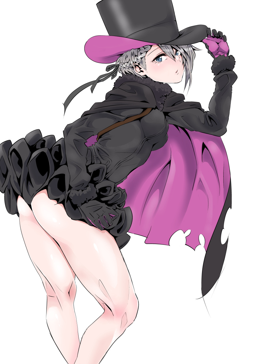 1girl absurdres ange_(princess_principal) ass bare_legs black_headwear blue_eyes blush braid breasts cape frilled_skirt frills gloves hair_ornament hair_ribbon hat highres kimuwaipu looking_at_viewer looking_to_the_side medium_breasts open_mouth princess_principal ribbon shiny shiny_skin short_hair simple_background skirt solo standing top_hat white_background white_hair