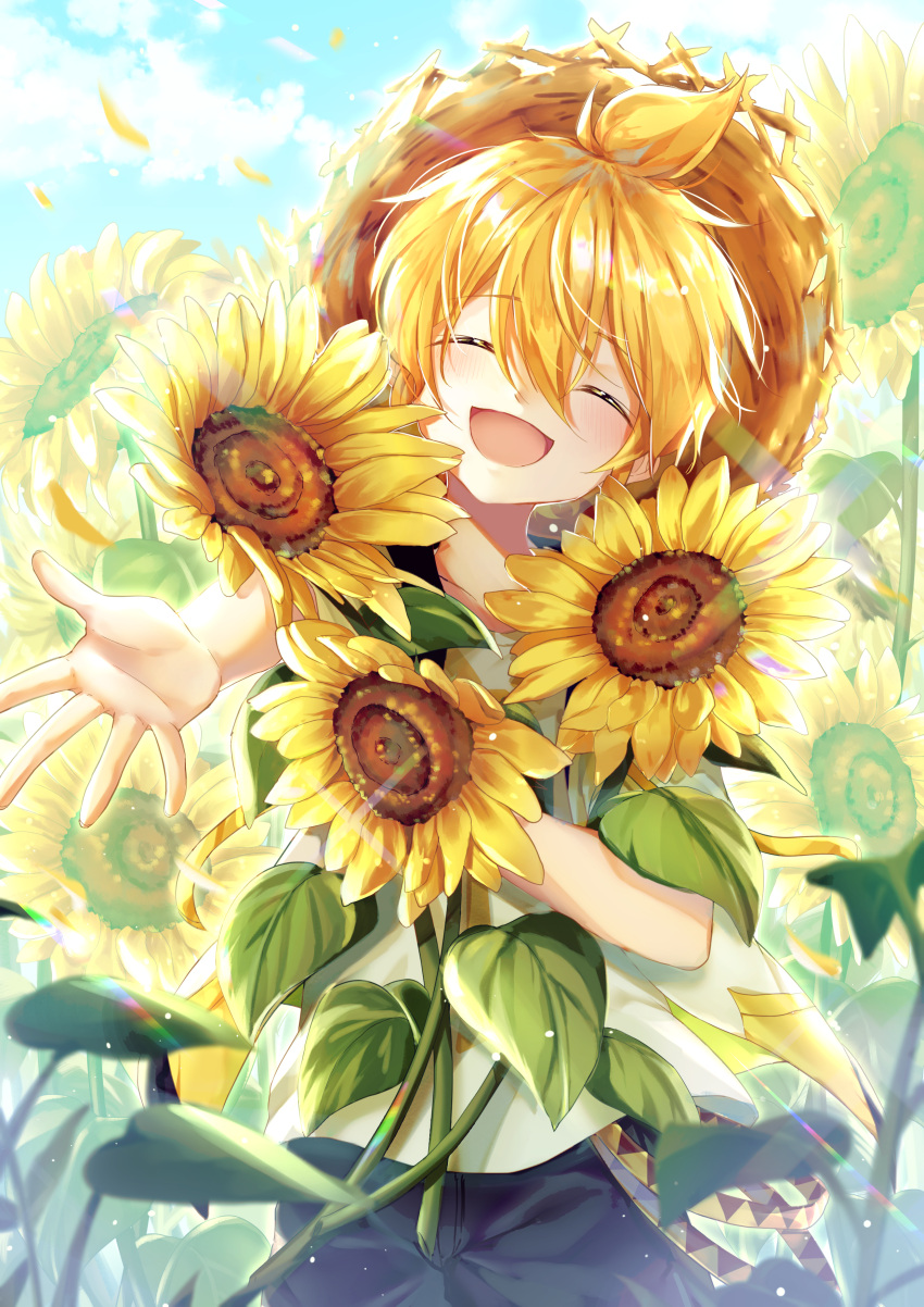 1boy :d absurdres belt blonde_hair blue_sky closed_eyes clouds commentary cowboy_shot day facing_viewer field flower flower_field hat highres holding holding_flower kagamine_len leaves_in_wind lens_flare light_blush male_focus open_mouth outdoors pants petals plant rainbow reaching_out short_hair short_sleeves sky smile spiky_hair standing straw_hat sunflower vocaloid younger yukkurin