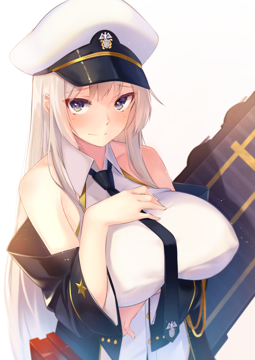 1girl absurdres azur_lane bangs bare_shoulders black_neckwear blush breast_hold breasts closed_mouth coat commentary_request covered_nipples enterprise_(azur_lane) eyebrows_visible_through_hair hand_on_own_chest hat highres large_breasts long_hair looking_at_viewer necktie peaked_cap sakura_cha shirt sidelocks silver_hair simple_background sleeveless sleeveless_shirt solo very_long_hair violet_eyes white_background