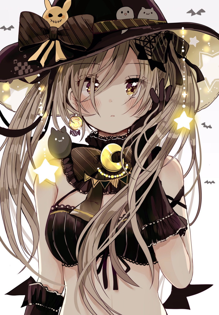 1girl animal bangs bat black_bow black_gloves black_headwear blush bow breasts brown_eyes brown_hair cat commentary_request crescent crop_top diagonal_stripes earrings eyebrows_visible_through_hair gloves glowing hair_between_eyes hand_on_own_face hand_up hat hat_bow highres jewelry long_hair looking_at_viewer medium_breasts original parted_lips sakura_oriko solo star striped striped_bow twintails upper_body witch_hat