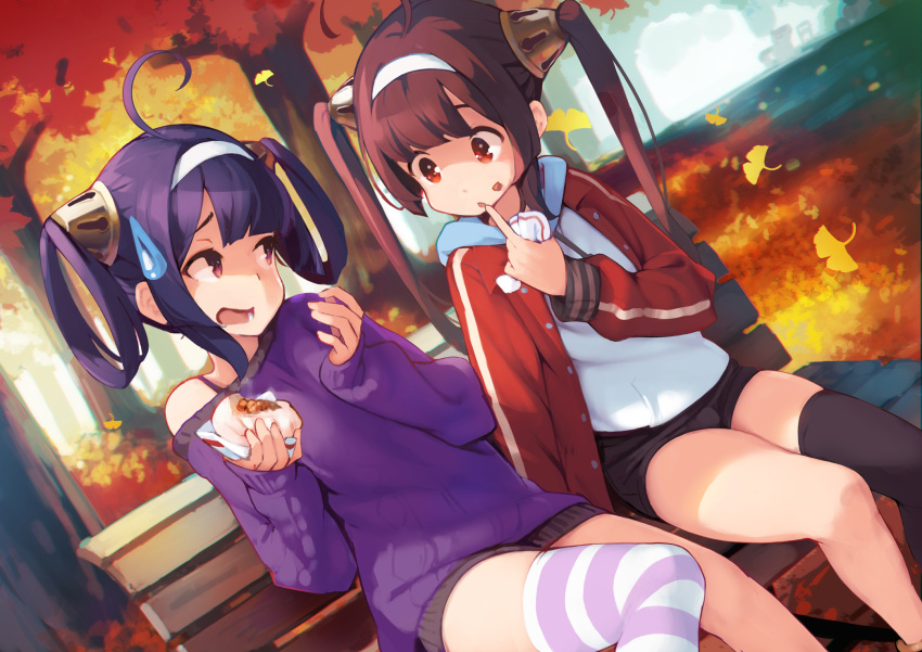 2girls ahoge alternate_costume ataruman autumn autumn_leaves azur_lane bangs baozi bare_legs bench black_legwear black_shorts brown_hair casual commentary_request contemporary day dress dutch_angle falling_leaves finger_to_mouth food food_on_face ginkgo_leaf hair_ribbon hairband hairpods highres holding holding_food index_finger_raised jacket leaf long_hair long_sleeves multiple_girls ning_hai_(azur_lane) on_bench open_clothes open_jacket open_mouth outdoors park park_bench ping_hai_(azur_lane) purple_hair purple_sweater red_eyes red_jacket ribbon shirt short_shorts shorts single_bare_shoulder single_thighhigh sitting sleeves_past_wrists striped striped_legwear sweatdrop sweater sweater_dress tareme thigh-highs tree twintails very_long_hair violet_eyes white_hairband white_shirt wrapper