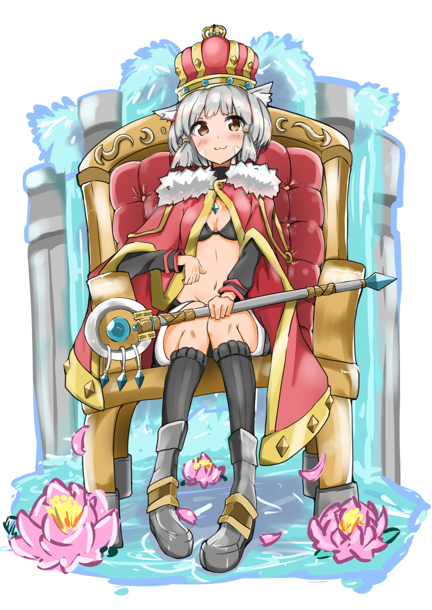 1girl :3 absurdres animal_ears aotsuba117 bikini black_bikini black_bikini_top black_legwear blush boots cat_ears crown eyebrows_visible_through_hair eyes_visible_through_hair fang flower fountain fur_trim highres holding_scepter long_sleeves lotus navel niyah robe scepter short_shorts shorts simple_background sitting skin_fang solo swimsuit throne water white_background xenoblade_(series) xenoblade_2 yellow_eyes