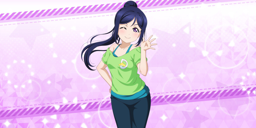 blue_hair blush long_hair love_live!_school_idol_festival_all_stars matsuura_kanan ponytail shirt smile violet_eyes wink