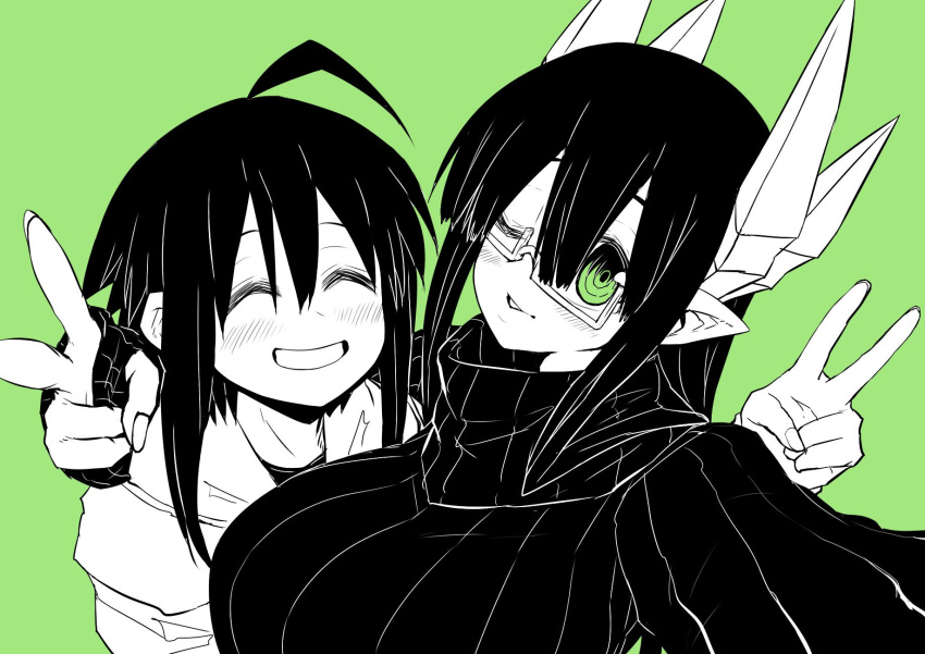 2girls black_sweater blush breasts chiharu_(musuko_ga_kawaikute_shikatanai_mazoku_no_hahaoya) closed_eyes coat demon_girl glasses green_background green_eyes highres horns huge_breasts juugoya_(zyugoya) limited_palette merii_(musuko_ga_kawaikute_shikatanai_mazoku_no_hahaoya) multiple_girls musuko_ga_kawaikute_shikatanai_mazoku_no_hahaoya one_eye_closed ribbed_sweater smile sweater v