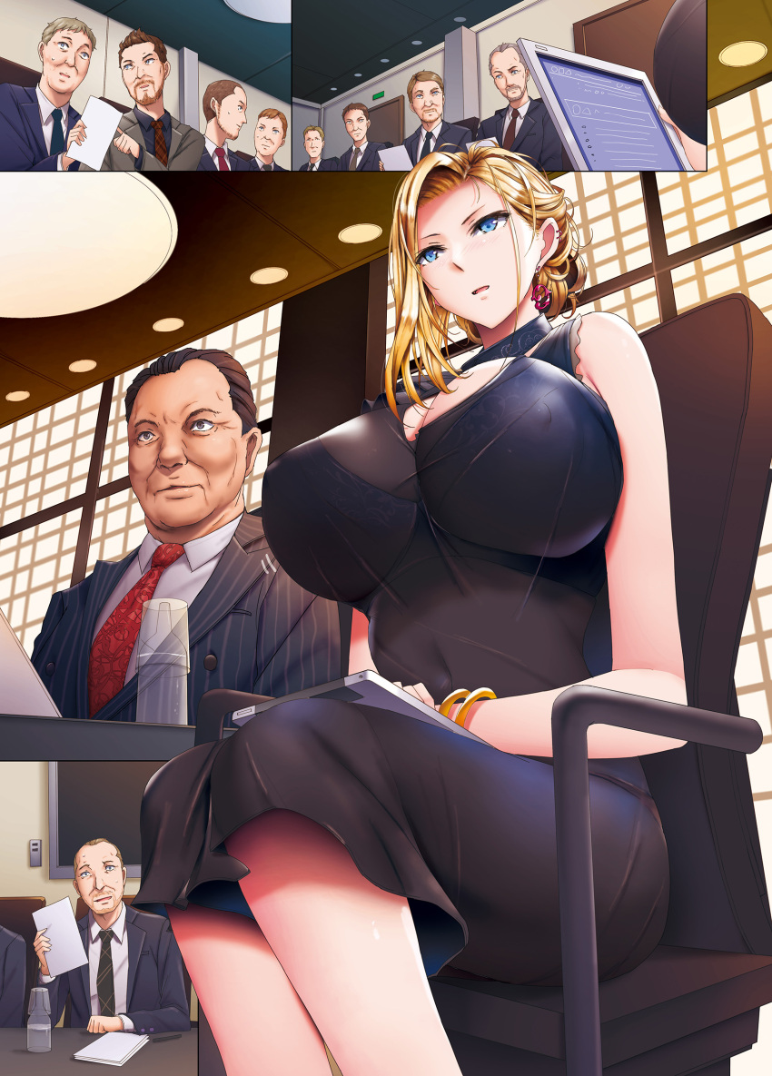 1girl absurdres bare_shoulders black_dress blonde_hair blue_eyes boss bottle bracelet breasts brown_eyes brown_hair chair commentary_request covered_navel dress earrings formal grey_eyes hair_up highres indoors jewelry large_breasts looking_at_another meeting multiple_boys necktie office office_lady old_man open_mouth orico original paper parted_lips piercing pinstripe_suit red_neckwear see-through short_hair single_sidelock sitting striped stylus suit sweat sweatdrop table updo water_bottle window