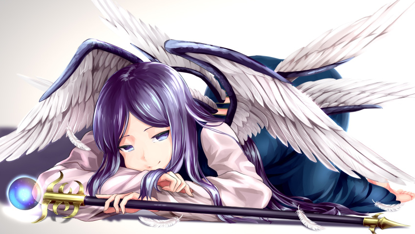 angel_wings barefoot blue_dress blue_eyes blue_hair commentary dress face_down feathered_wings highres kamiya_ueshi long_hair long_sleeves multiple_wings sariel scepter seraph shirt touhou touhou_(pc-98) very_long_hair white_hair white_shirt white_wings wings