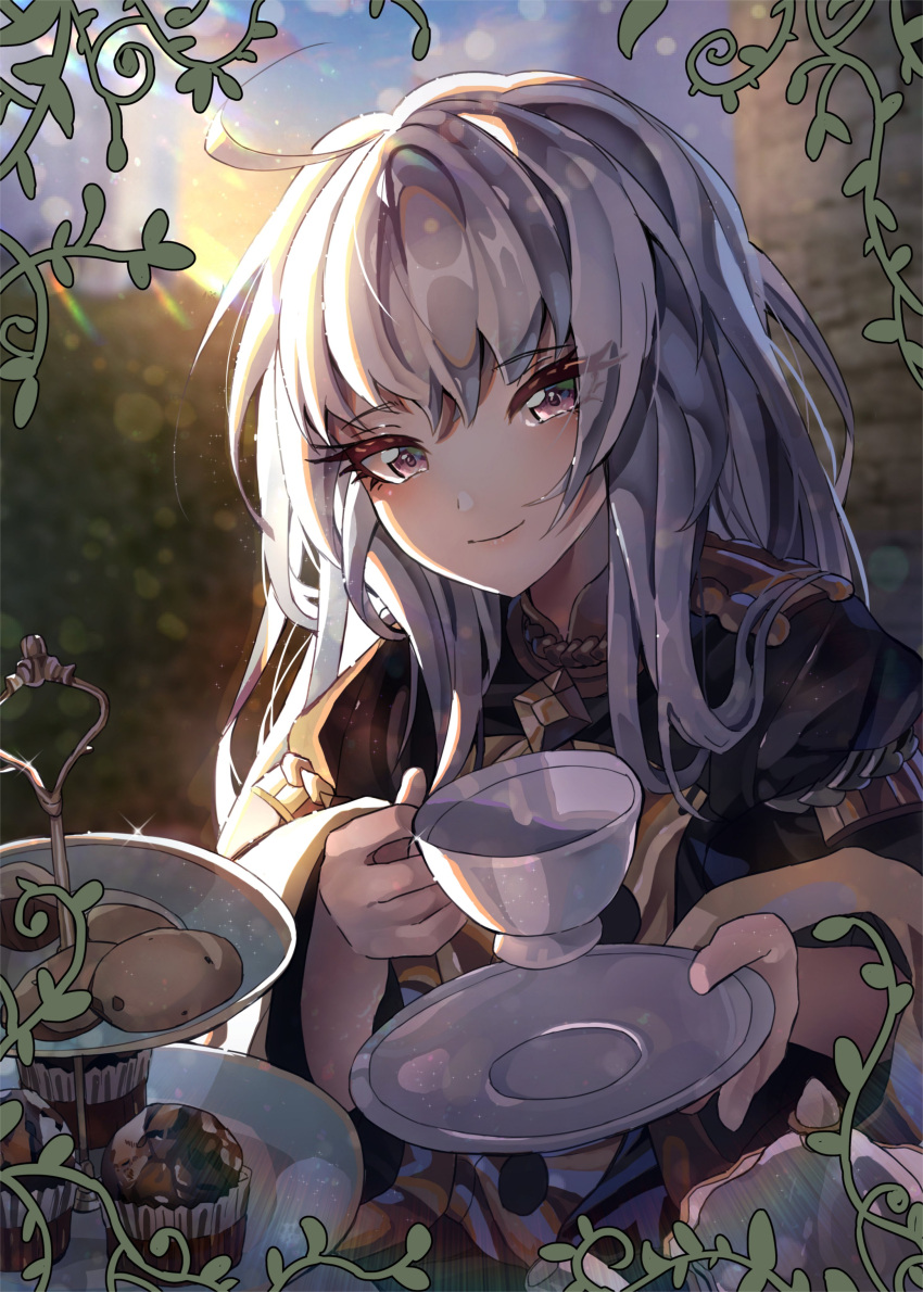 1girl absurdres ahoge blurry blurry_background cappukappa closed_mouth cookie cup fire_emblem fire_emblem:_three_houses food highres holding holding_cup holding_plate long_hair long_sleeves looking_at_viewer lysithea_von_ordelia muffin outdoors pink_eyes plate smile solo teacup tiered_tray twilight white_hair wide_sleeves