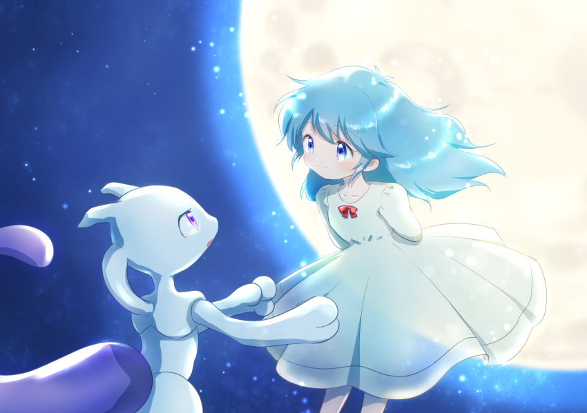 1girl arms_behind_back blue_eyes blue_hair character_request closed_mouth collarbone dress eye_contact floating_hair gen_1_pokemon highres long_hair looking_at_another mewtwo moon neck_ribbon pokemon pokemon_(anime) red_ribbon ribbon shiny shiny_hair smile sundress tears violet_eyes white_dress yuki56