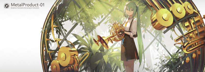 1girl absurdres black_gloves black_ribbon black_skirt cowboy_shot double-breasted french_horn gloves green_eyes green_hair hatsune_miku highres holding holding_instrument instrument kieed light_smile long_hair long_sleeves looking_at_viewer neck_ribbon partly_fingerless_gloves plant ribbon shirt skirt standing suspender_skirt suspenders twintails very_long_hair vocaloid white_shirt yellow_neckwear yellow_ribbon