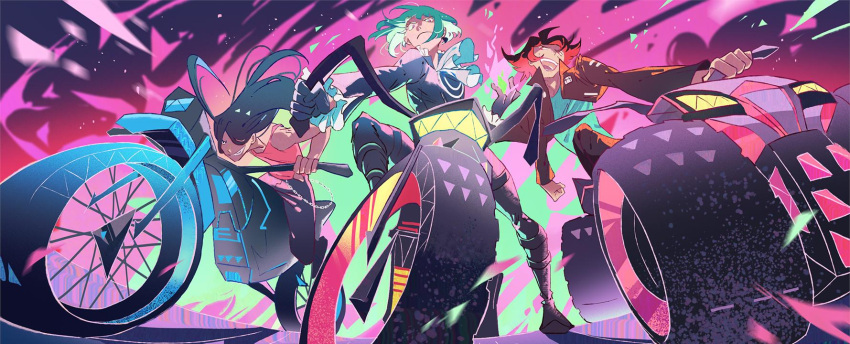 3boys black_hair cravat dune_buggy felicia_chen fire green_fire green_hair ground_vehicle gueira highres jacket leather leather_jacket lio_fotia long_hair mad_burnish male_focus meis_(promare) motor_vehicle motorcycle multiple_boys pink_fire promare purple_fire redhead violet_eyes