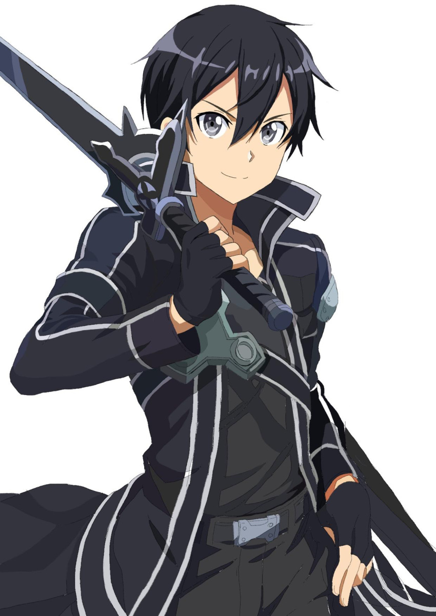 1girl belt belt_buckle black_belt black_coat black_gloves black_hair black_pants black_shirt buckle closed_mouth coat collarbone fingerless_gloves gloves grey_eyes hair_between_eyes highres holding holding_sword holding_weapon kirito looking_at_viewer male_focus open_clothes open_coat pants shiny shiny_hair shirt simple_background smile solo soukai_kirito standing sword sword_art_online v-shaped_eyebrows weapon white_background