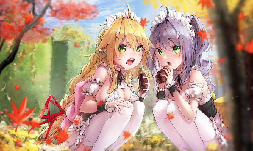 apron autumn_leaves azur_lane bare_shoulders breasts curly_hair green_eyes highres l'opiniatre_(azur_lane) le_temeraire_(azur_lane) leaf leg_garter long_hair looking_at_viewer maid maid_apron maid_headdress open_mouth purple_hair small_breasts