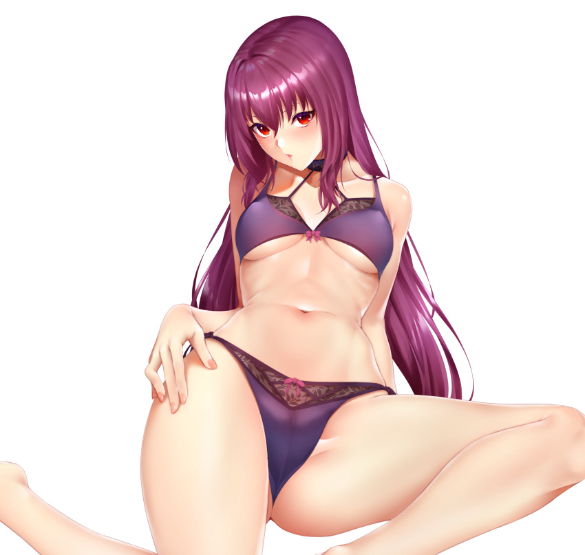 1girl absurdres bangs barefoot blush bow bow_bra bow_panties bra breasts choker collarbone covered_nipples crossed_bangs fate/grand_order fate/stay_night fate_(series) hair_between_eyes highleg highleg_panties highres lace lace-trimmed_bra lace-trimmed_panties long_hair looking_at_viewer lying medium_breasts navel paid_reward panties parted_lips purple_bra purple_hair purple_panties red_eyes ribs scathach_(fate)_(all) scathach_(fate/grand_order) side-tie_panties simple_background skindentation solo stomach thighs type-moon ufotable under_boob underwear white_background zucchini