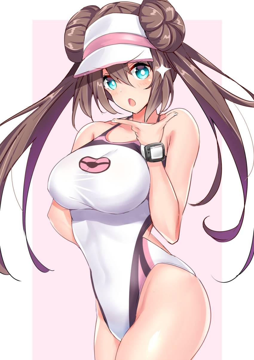 1girl blue_eyes border breasts brown_hair chin_stroking commentary_request competition_swimsuit cowboy_shot double_bun gradient gradient_background highleg highleg_swimsuit highres large_breasts long_hair looking_at_viewer mei_(pokemon) one-piece_swimsuit open_mouth pink_background pokemon pokemon_(game) pokemon_bw2 pokemon_masters sankakusui solo sparkle standing swimsuit twintails very_long_hair visor_cap watch watch white_background white_border white_swimsuit