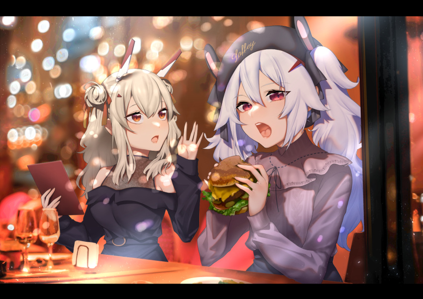 2girls animal_ears ayanami_(azur_lane) azur_lane bangs bare_shoulders black_dress black_headwear black_ribbon black_skirt blurry blurry_background brown_eyes character_name commentary_request cup depth_of_field double_bun dress drinking_glass eyebrows_visible_through_hair food hair_between_eyes hair_ornament hair_ribbon hairclip hamburger headgear holding holding_food karinto_yamada laffey_(azur_lane) letterboxed light_brown_hair long_hair long_sleeves looking_at_viewer multiple_girls off-shoulder_dress off_shoulder open_mouth purple_shirt rabbit_ears red_eyes red_ribbon ribbon shirt silver_hair sitting skirt sleeves_past_wrists table twintails wine_glass