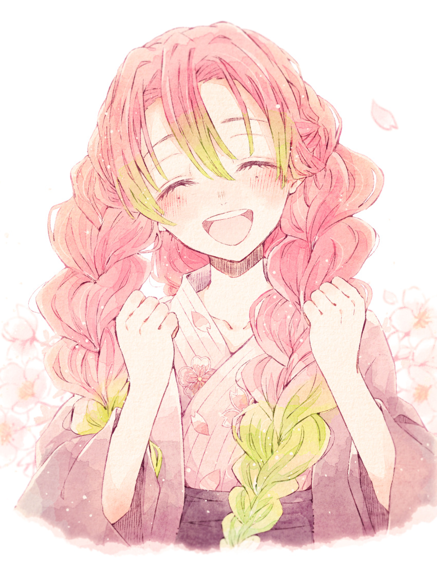 1girl blush braid cheering cherry_blossom_print cherry_blossoms clenched_hands commentary_request facing_viewer floral_background gradient_hair green_hair hair_over_shoulder haori happy highres japanese_clothes kanroji_matsuri kimetsu_no_yaiba kimono koame_1027 long_hair long_sleeves mole mole_under_eye multicolored_hair petals pink_hair pink_kimono sash smile solo tri_braids two-tone_hair upper_body white_background