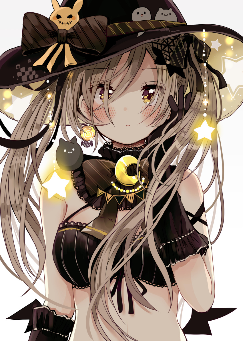 1girl absurdres animal bangs bat black_bow black_gloves black_headwear blush bow breasts brown_eyes brown_hair cat crescent crop_top diagonal_stripes earrings eyebrows_visible_through_hair gloves glowing hair_between_eyes hand_on_own_face hand_up hat hat_bow highres jewelry long_hair looking_at_viewer medium_breasts original parted_lips sakura_oriko solo star striped striped_bow twintails upper_body witch_hat