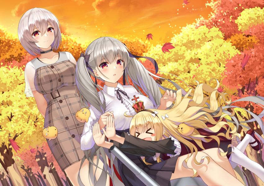 3girls azur_lane bangs black_skirt blonde_hair blush bow breasts casual choker collared_shirt crown dress eyebrows_visible_through_hair floating_hair formidable_(azur_lane) frills grey_hair hair_between_eyes hair_bow hair_ribbon hairband large_breasts long_hair long_sleeves looking_at_viewer maemi_(maemi12) manjuu_(azur_lane) mini_crown multiple_girls neck_ribbon open_mouth orange_sky outdoors pantyhose queen_elizabeth_(azur_lane) red_eyes ribbon shirt short_hair sirius_(azur_lane) sitting skirt sky smile sunset tree twintails very_long_hair white_hair white_legwear white_shirt wind