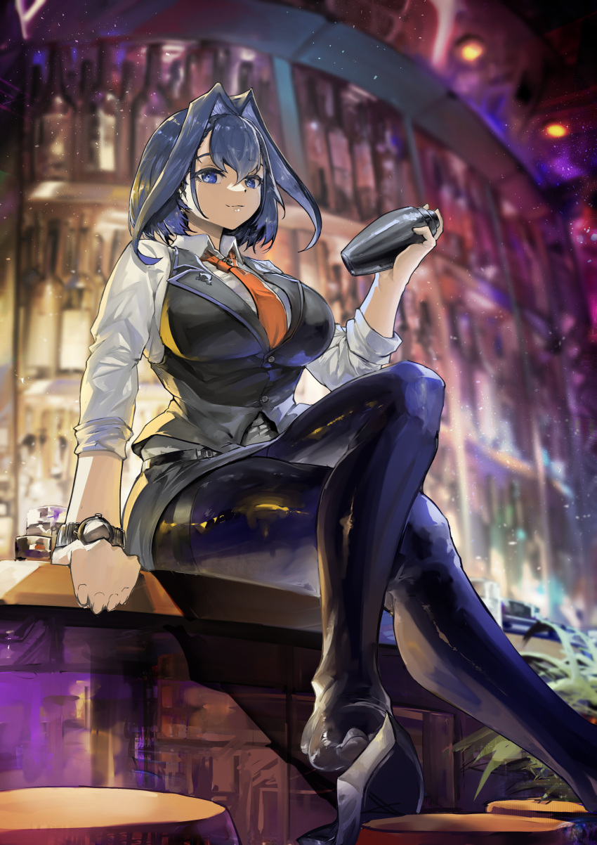1girl absurdres bangs bar_(place) barista bartender blue_eyes blue_hair bottle bow cup drinking_glass hair_intakes highres holding hololive hololive_english long_sleeves looking_at_viewer necktie ouro_kronii pantyhose shirt short_hair skirt vest virtual_youtuber vyragami watch watch white_shirt