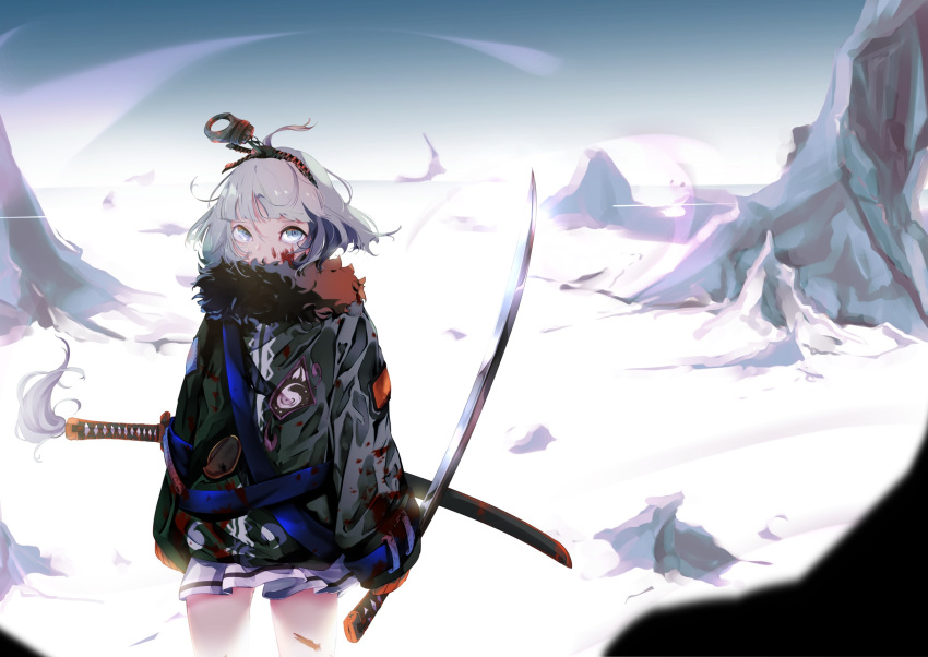 1girl adapted_costume ahoge bangs blood blood_on_face bloody_clothes blunt_bangs commentary_request crying crying_with_eyes_open fur_collar green_jacket grey_eyes grey_hair hair_ornament highres holding holding_sword holding_weapon jacket katana konpaku_youmu long_sleeves maimuro miniskirt ringed_eyes short_hair skirt sleeves_past_wrists solo sword tassel tears touhou weapon white_skirt zipper