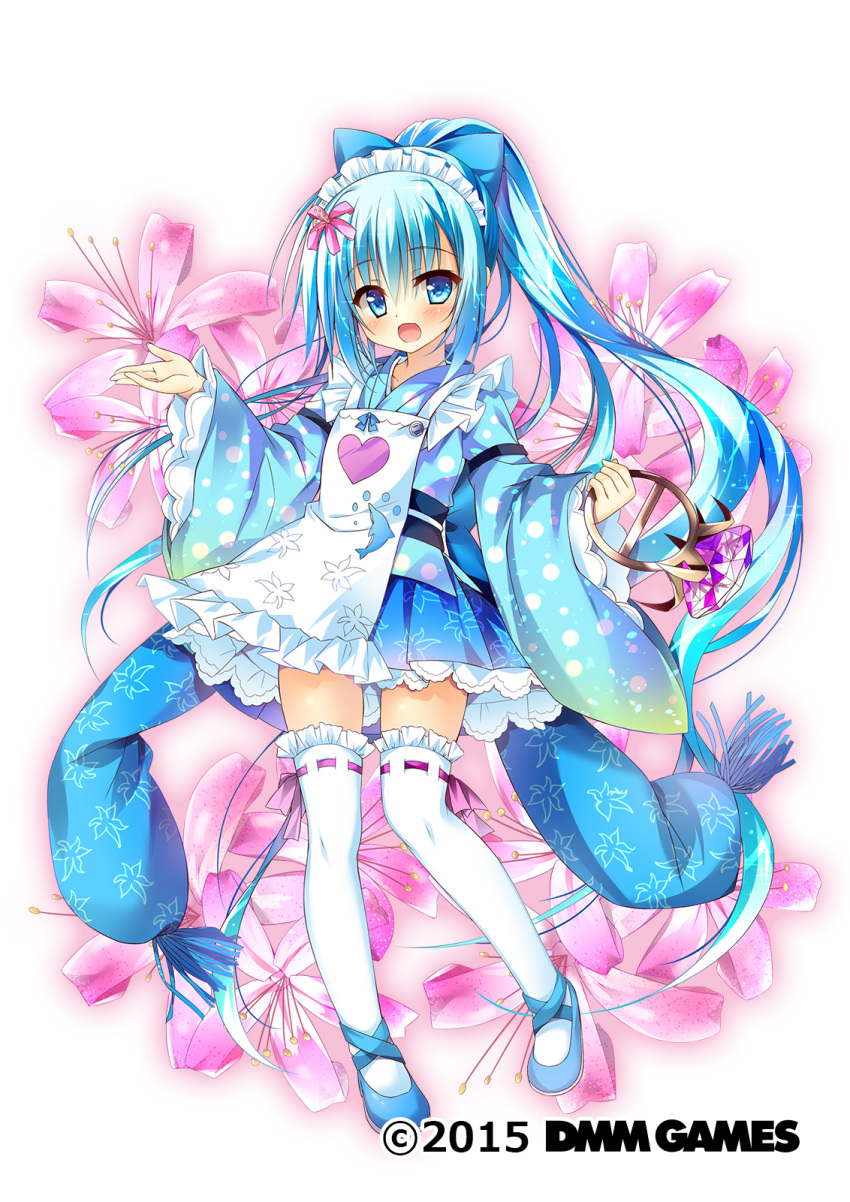 1girl blue_bow blue_dress blue_eyes blue_footwear blue_hair blush bow copyright_name dmm dress flower_knight_girl full_body gem hair_bow hair_ornament heart_apron highres holding japanese_clothes jewelry kimono long_hair looking_at_viewer maid_headdress nerine_(flower_knight_girl) object_namesake official_art open_mouth ponytail solo standing tagme thigh-highs very_long_hair white_background white_legwear yukata