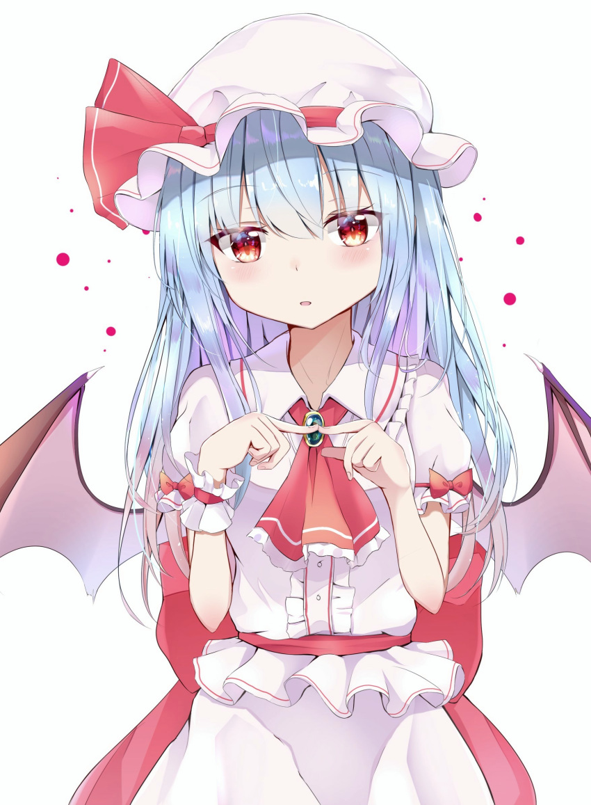 1girl alternate_hair_length alternate_hairstyle arms_up bat_wings blouse blue_hair blush brooch commentary_request cowboy_shot cravat eyebrows_visible_through_hair fingers_together hair_between_eyes hat hat_ribbon head_tilt highres iyo_(ya_na_kanji) jewelry long_hair looking_at_viewer mob_cap open_mouth parted_lips puffy_short_sleeves puffy_sleeves red_eyes red_neckwear remilia_scarlet ribbon sash short_sleeves simple_background skirt slit_pupils solo standing touhou very_long_hair white_background white_blouse white_headwear white_skirt wings wrist_cuffs