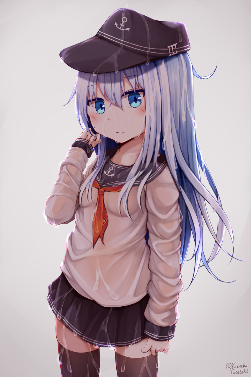 1girl absurdres blue_eyes blush breasts flat_cap gradient gradient_background hair_between_eyes hair_ornament hamayuu_(litore) hat hibiki_(kantai_collection) highres kantai_collection long_hair long_sleeves looking_at_viewer neckerchief pleated_skirt school_uniform serafuku silver_hair skirt small_breasts solo thigh-highs wet wet_clothes