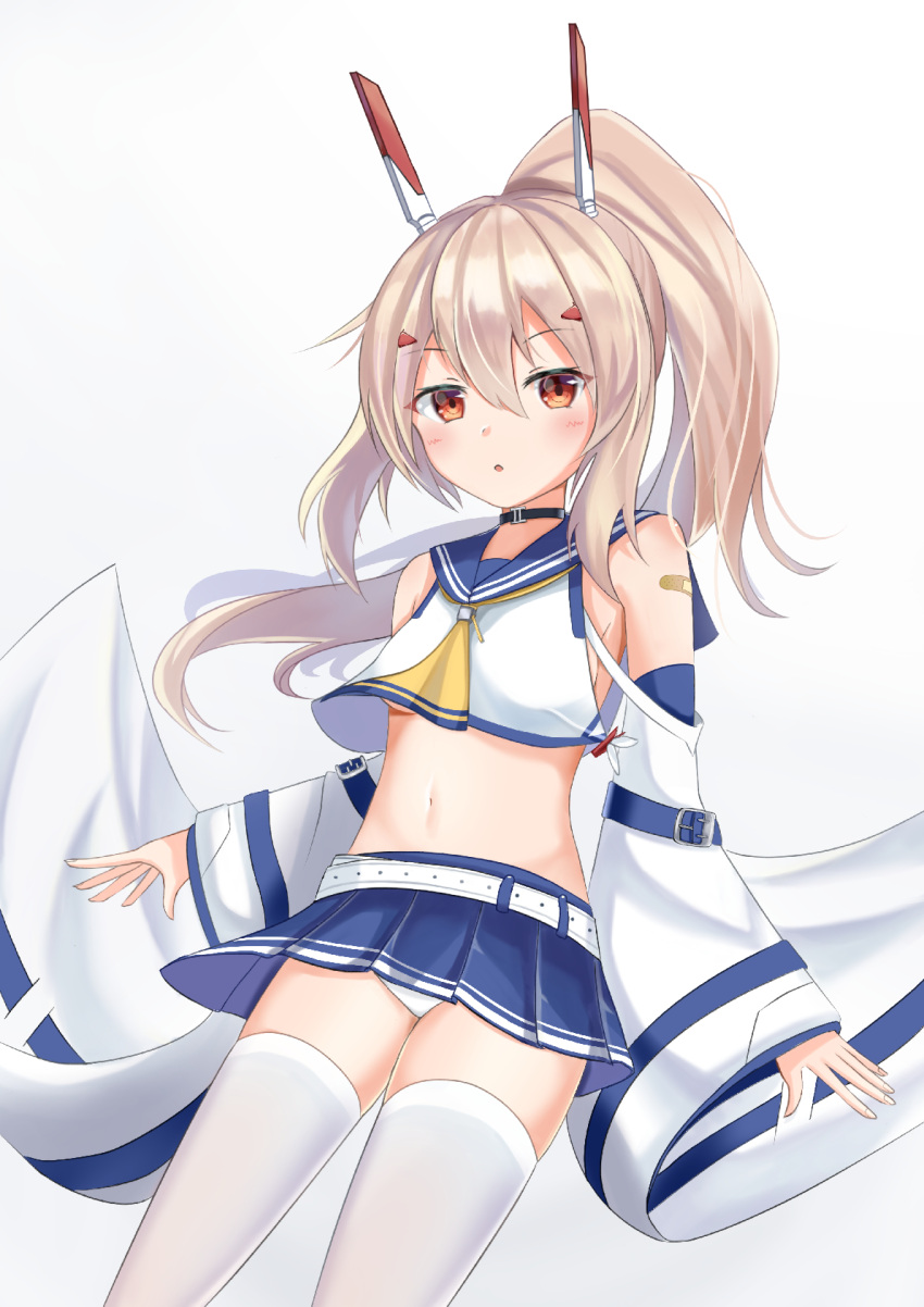 1girl ayanami_(azur_lane) azur_lane bandaid_on_arm breasts choker commentary_request detached_sleeves hair_ornament hairclip headgear highres long_hair looking_at_viewer navel orange_eyes panties pantyshot pantyshot_(standing) parted_lips ponytail retrofit_(azur_lane) school_uniform serafuku sideboob silver_hair simple_background solo standing thigh-highs tishi underwear white_background white_legwear white_panties wide_sleeves zettai_ryouiki